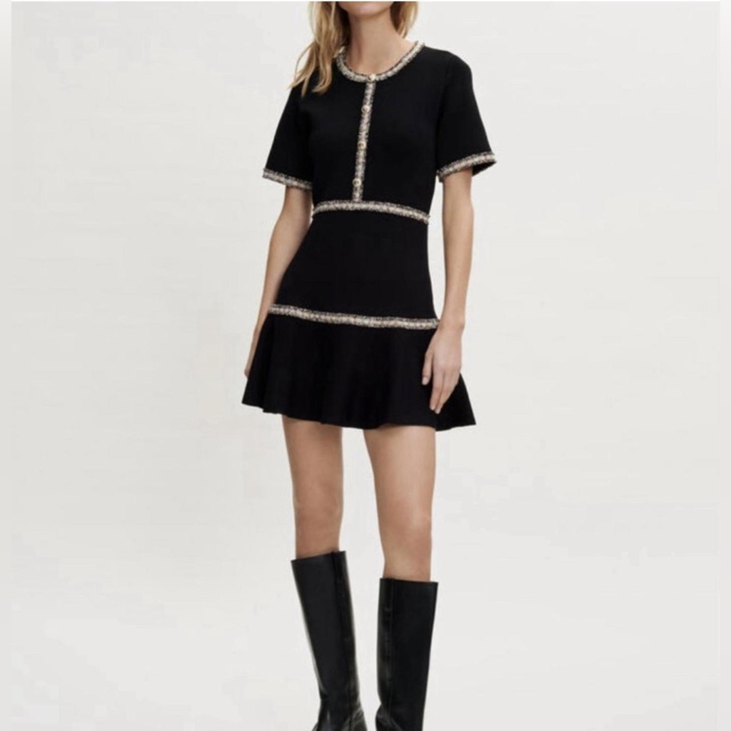 Maje Black Short-Sleeve Mini Dress With Metallic Trim